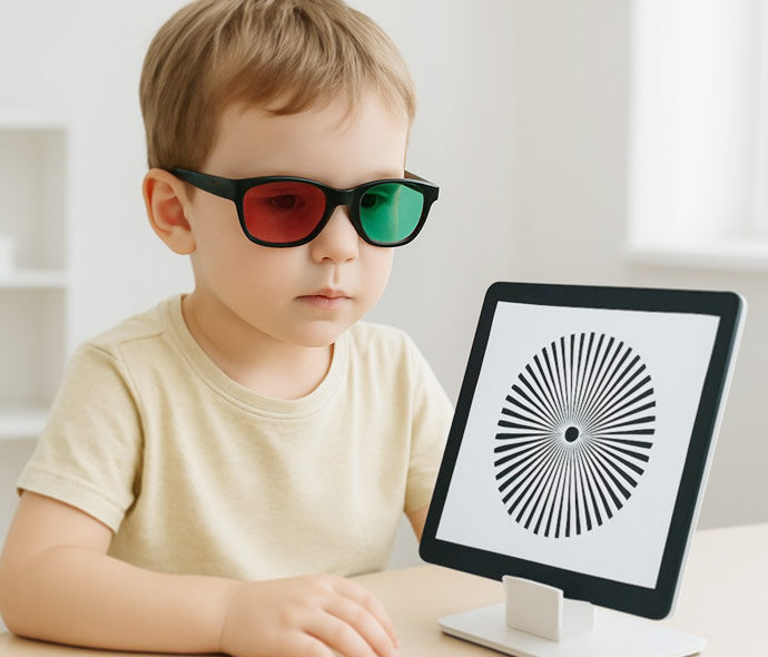 Exercițiile Ortoptice și Tratamentul Insuficienței de Convergență - Imagine cu un copil in fata unei tablete cu o poza Cure-Sight si poarta ochelari anaglifi cu lentile rosu-verde.