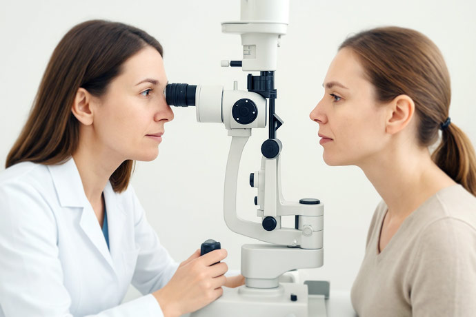 Tratamente Oftalmologice pentru Adulti la Clinica Oftapro - Imagine cu un medic oftalmolog in timpul unei consultatii cu o femeie