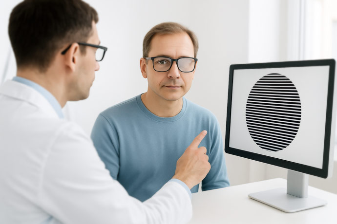 Ambliopia la Adult - Tratamentul si Terapia Neurovision - Imagine cu un adult ce are ochelari cu o lentila translucida si una mata iar pe ecranul calculatorului medicului este Gabor Patch training specific tratamentului