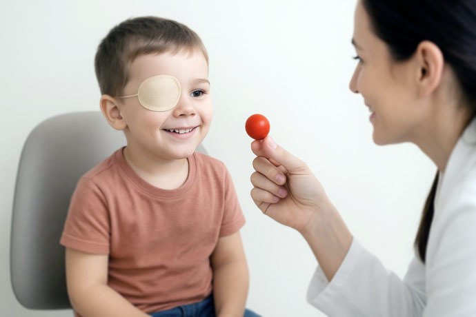 Ambliopia si tratamentul la copil - Imagine cu un medic oftalmolog la o consultatie cu un copil ce are ambliopie